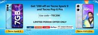 Get Rs.200 off on Tecno Spark 9 and Tecno Pop 6 Pro + 10% Instant Discount* With ICICI, Kotak, Citi & Rupay Cards