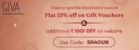 Flat 13% Off on GIVA Gift Vouchers & Additional Rs,1001 on Giva Website