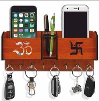 Arpita Crafts Wooden 2 Pocket Pen Stand Om Swastik 8 Hook Brown Wood Key Holder Wood Key Holder (8 Hooks, Brown)