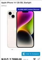 Apple iPhone 14 128 GB, Starlight (HDFC bank offer - No cost EMI offer)