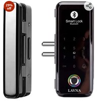 LAVNA RFID Fingerprint Polished Glass Door Lock with Remote and Mobile Application (Standard Size, Silver and Black, 10-12 mm Thickness of Glass)