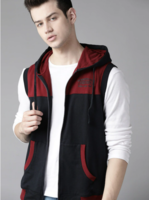 Men Navy Blue & Maroon Colourblocked Sleeveless Hooded Sweatshirt