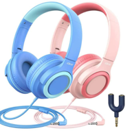 iClever Kids Headphones with Microphone Wired Girls Headphones for Kids Teens with Sharing Splitter Foldable Stereo 