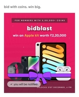 Cred exclusive bid blast - chance to win apple kit worth Rs.220000(only for 5,00,000+ coins holders)