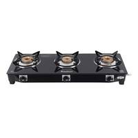 Khaitan 3 Burner BP-JIO Black Toughened Glass Top, manual Ignition LPG Gas Stove with 1 Year Warranty (ISI Approved)