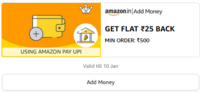 Amazon Add Money Offer -  GET FLAT ₹25 BACK on Min order: ₹500 Valid till 10 Jan (User Specific)