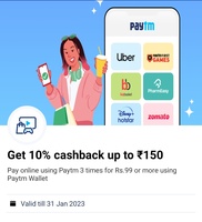 Get 10% cashback up to ₹150, Pay online using Paytm 3 times for Rs.99 or more using Paytm Wallet (User Specific)