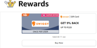 AmazonPay Super Offer 9% on Swiggy Gift card -   GET 9% BACK Up to ₹225 Valid till 11 Jan