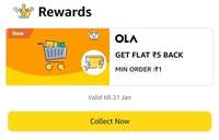 Amazon OLA GET FLAT ₹5 BACK MIN ORDER :₹1 Valid till 21 Jan(Glitch offer) 
