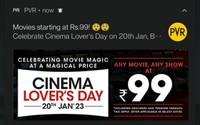 PVR Cinemas  : Book Any Tickets at Rs 99 On 20th Jan 