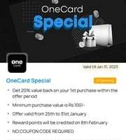 Onecard - 20% value back upto 1000 (one reward point) on purchase during offer period