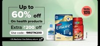 Upto 60% off  + Extra Rs200 off  on Health Products + 5% NeuCoins (  Code = 1MGTN200 )