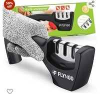 FLYNGO Manual Knife Sharpener 3 Stage Sharpening Tool for Ceramic Knife and Steel Knives (Black)