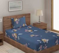 Blue Floral 280 TC Cotton Blend Single Bed Bedsheet with 1 Pillow Cover