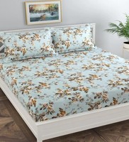 Blue Floral 130 TC Poly Cotton Queen Size Bedsheet With 2 Pillow Covers by FLORIDA