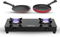 Lifelong Gas Stove Combo - 2 Burner Gas Cooktop + Flat tawa + Fry Pan Glass Top Glass Manual Gas Stove  (2 Burners)