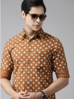U S Polo Assn Men Brown & White Tailored Fit Floral Printed Opaque Casual Shirt