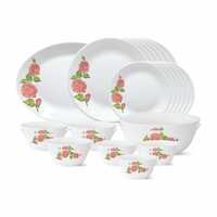 Larah by Borosil - Tiara Series, Rose Gold, 27 Pcs, Opalware Dinner Set, White