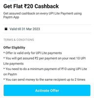 Paytm Upi Lite New Offer - Get Flat 20 Cashback on 10 transaction