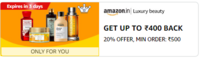 Amazon Luxury Beauty Products - GET UP TO ₹400 BACK 20% OFFER, MIN ORDER: ₹500 (User Specific)