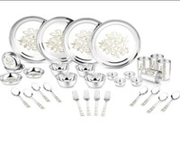 Classic Essentials Pack of 32 Stainless Steel Stainless Steel Glory Dinner set ,32-Pieces,Silver -Heavy Gauge with Permanent Laser Design Dinner Set