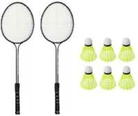 Monika Sports 2 Double Shaft Racquet with 6 pc Nylon Shuttle Badminton Kit