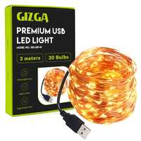 GIZGA Essentials Copper LED Fairy String Lights with USB, High Brightness, Low Power Consumption, Indoor Outdoor Decoration, Diwali Light, Christmas Decor, Party Light, 3 Meter, Warm White, Pack of 1