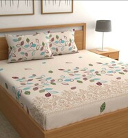 Fry deal - Beige Floral Leafy Bohemya 160 TC Microfiber Queen Sized Bedsheet with 2 Pillow Covers