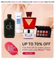 CLiQ Beauty Binge Upto 70% Off - Up to 70% Off on Top Brands + Extra Rs.100 Coupon