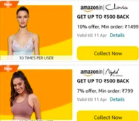 Amazon Collect coupon - Flat 10% Back upto ₹500 on Clovia, Nykaa, Zivame and Enamor clothing (29 March to 11 April)