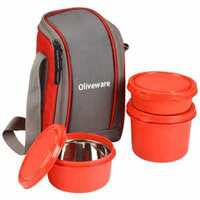 Oliveware Boss Lunch Box Containers With Bag  Dist - Air-Tight, Red, 4 pcs