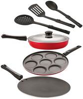Nirlon Aluminium Nonstick Coated 6 Pcs Set of Concave Tawa-28.5cm,Fry Pan-20cm,Uttapam-7 Cavity & 3 Spoon