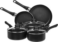 AmazonBasics 8-Piece Non-Stick Cookware Set| 2-Way 3 Layer Non-Stick Coating | PFOA Free | High Temperature Resistant Exterior Coating, Black