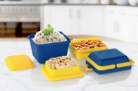 Tosaa Plastic Dieting Airtight Lunch/Tiffin Box Set 3 Compartment Tiffin with Handle & Push Lock for Travelling, Blue (14 x 12 x 14 cm)