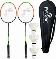 FEROC 2 Pieces Aluminium Badminton Racket with 3 Pieces Feather Shuttles with Full-Cover Set ,Aluminum, Multicolor