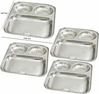 Prisha India Craft Stainless Steel 3 in 1 Compartment Divided Tray for Kids Lunch Camping, Length 9.00 Inch, Set of 4 Pieces