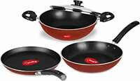 Pigeon Basics Induction base Non Stick Aluminium Cookware set, including Nonstick Flat Tawa, Nonstick Kadai with Glass Lid