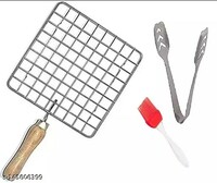 Combo of Stainless Steel Roasting Net with Wooden Handle, Silicone Oil Brush and Stainless Steel Momo's Tong + UPI discount 
