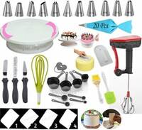 Unique Impex 3K-Cake Combo-6 Easy Rotate Cake Turntable + 8 Pcs Black Measuring Cups and Spoon + 20 Pcs Disposable Frosting Icing Piping Bag + Power Free Hand Blender + Plastic Spiral Whisk& more