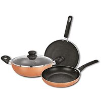 Bergner Copper Plus Non Stick Cookware Set 4Pc-Kadhai with Glass Lid 24cm, Dosa Tawa 28cm, Frypan 24cm with Induction Compatible, Bakelite Handles, PFOA Free, 1 Year Warranty, Black