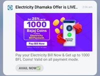 Bajaj Finserv Electricity Bill Payment Flash Offer : Get 25% up to 1000 Bajaj Coins on Min txn. Rs.100 for all user using any method