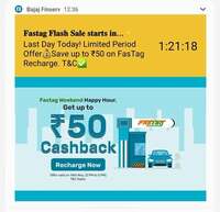 Bajaj UPI Fastag Recharge weekend sale recharge upto 50 cashback valid 14May 2pm to 5pm