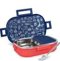 Home Puff Stainless Steel Insulated Lunch Box for School & Office, Free Spoon, Airtight Leak-Proof, Unbreakable Lid, Snacks Tiffin Box for Kids, Light Weight, Easy Clean, 700ml, Blue-Red with Warranty
