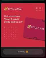 Myglamm : Get combo of Velvet & liquid lipstick @1 using 50 Noise coins 