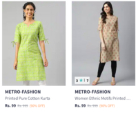 Flat 90% off on Metro Fashion Women's Kurtas starting @99 Rs only