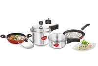 Pigeon Starter Kit of Mini Containing 2 and 3 litre Aluminium Pressure Cooker Outer Lid, 250 mm Flat Tawa and 240mm Kadai with Glass Lid (Silver)