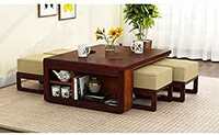 BALAJI FURNITURE Solid Sheesham Wood Coffee Table With 4 Stool |Rectangle Centre Table With Stool |Center Table With 4 Stools For Living Room |Patio Table With 4 Puffy For Home | Mahogany Brown Finish