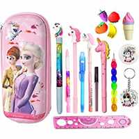 RZA Magnetic Pencil Box with Calculator & Dual Sharpener for Kids for School,Frozen Big Size Cartoon Printed Pencil Case for Kids,Pen Pencil Eraser Key Chain Combo by MyKing (Frozen) Pack of 1n