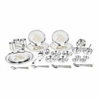 Classic Essentials Pack of 42 Stainless Steel Dinnerware 42-Piece Set High Grade Stainless Steel with Permanent Lazer Design of Peacock Dinner Set of Full Plates,Glass,Bowls and Spoons Dinner Set Dinner Set (Silver)