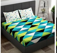 Story@home Ventura Teal & Black Geometric 152 TC Cotton Queen Bedsheet & 2 Pillow Covers